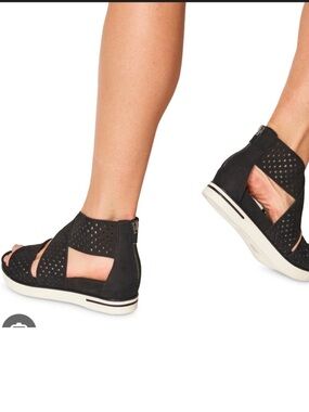 Eileen Fisher Black Perforated Wedge Sandal still in store